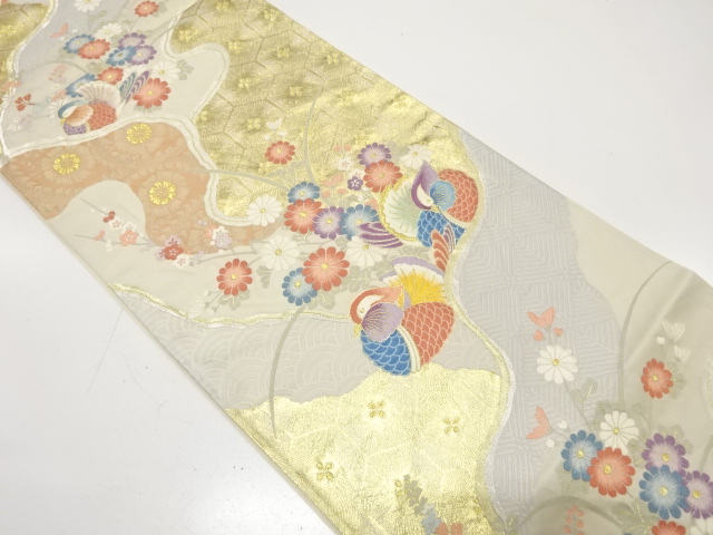 アンティーク　鴛鴦に菊・枝梅模様織り出し袋帯（材料）